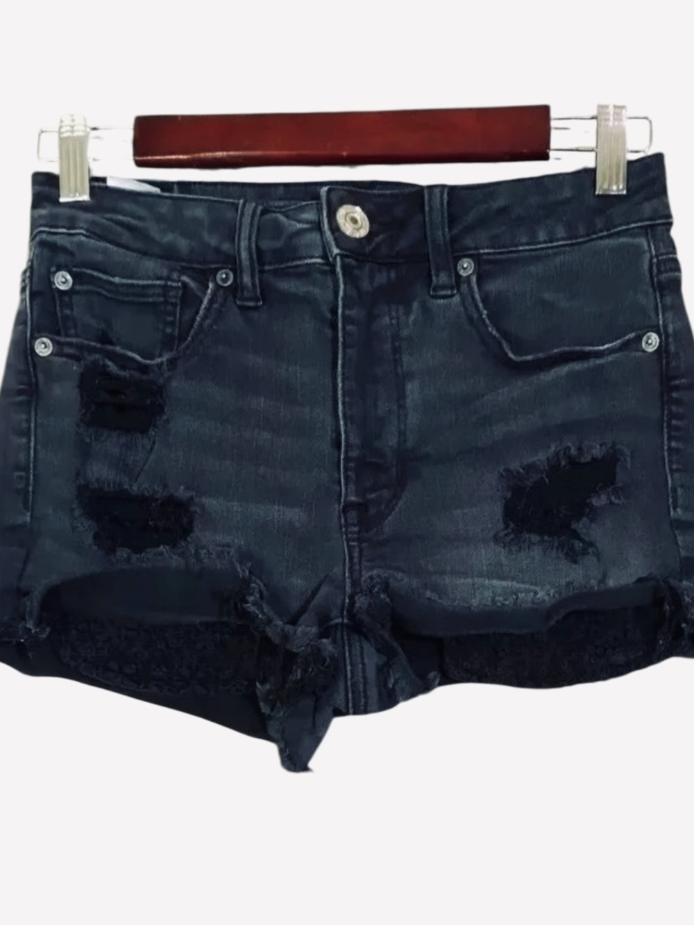 American Eagle sz 8 black distressed high-rise Next Level Stretch frayed shorts